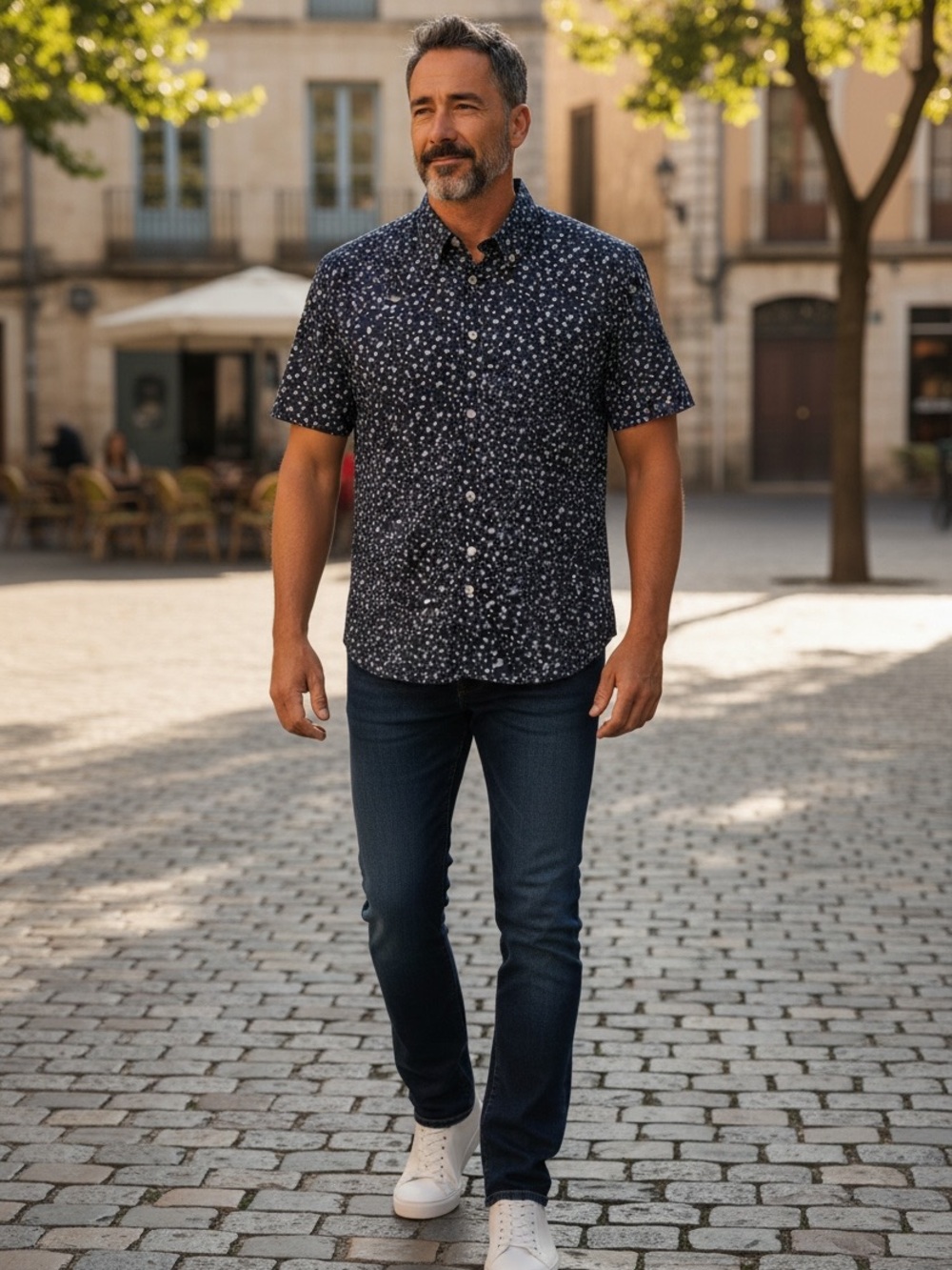 George Navy Short-Sleeve Button-Down Shirt with White Floral Print